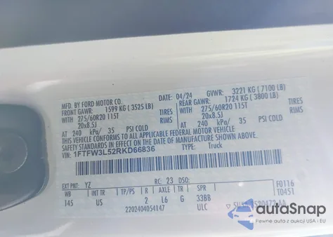 2024 Ford F150 Xlt from USA, damaged, VIN 1FTFW3L52RKD66836